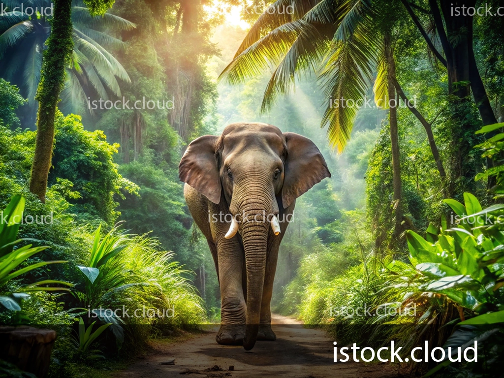 A large elephant walking along a path in a vibrant jungle, with sunlight filtering through tall trees and palm leaves.