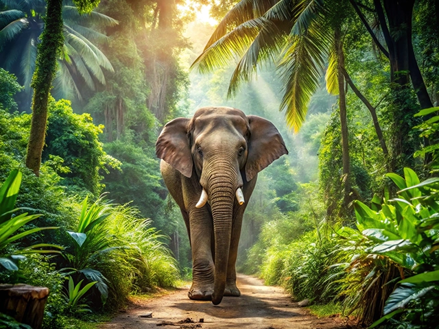 A large elephant walking along a path in a vibrant jungle, with sunlight filtering through tall trees and palm leaves.