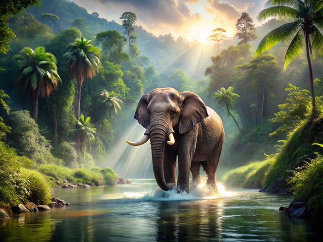 An elephant wading through a tranquil river surrounded by lush vegetation and palm trees, with misty mountains and sunlight filtering through the trees in the background.