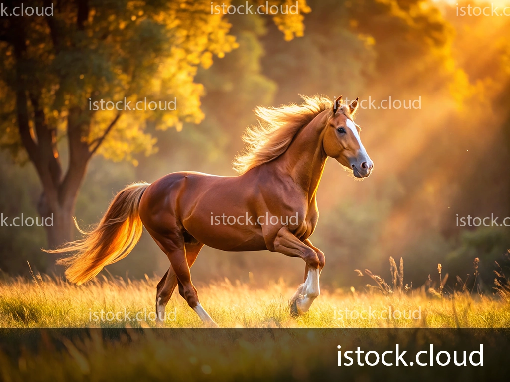 A chestnut horse with a flowing mane runs gracefully through a sunlit meadow, surrounded by tall grass and trees glowing in the golden light of sunset.