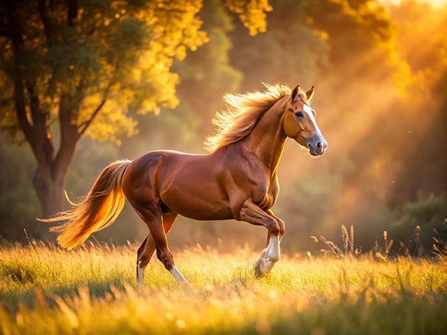 A chestnut horse with a flowing mane runs gracefully through a sunlit meadow, surrounded by tall grass and trees glowing in the golden light of sunset.