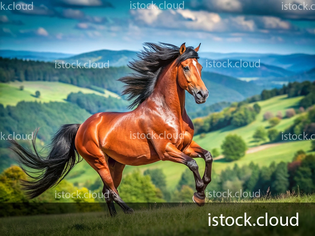 A stunning brown horse galloping across a lush green landscape, with rolling hills and a blue sky dotted with clouds in the background.