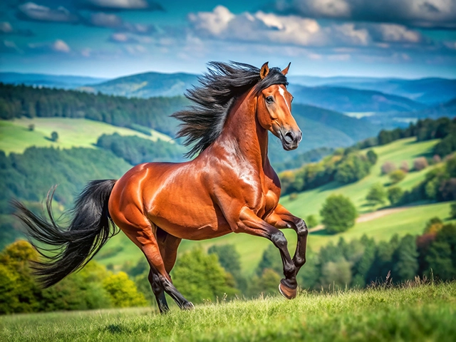 A stunning brown horse galloping across a lush green landscape, with rolling hills and a blue sky dotted with clouds in the background.