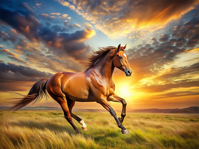 A stunning brown horse gallops through a golden field during a vibrant sunset, with dramatic clouds in the sky.