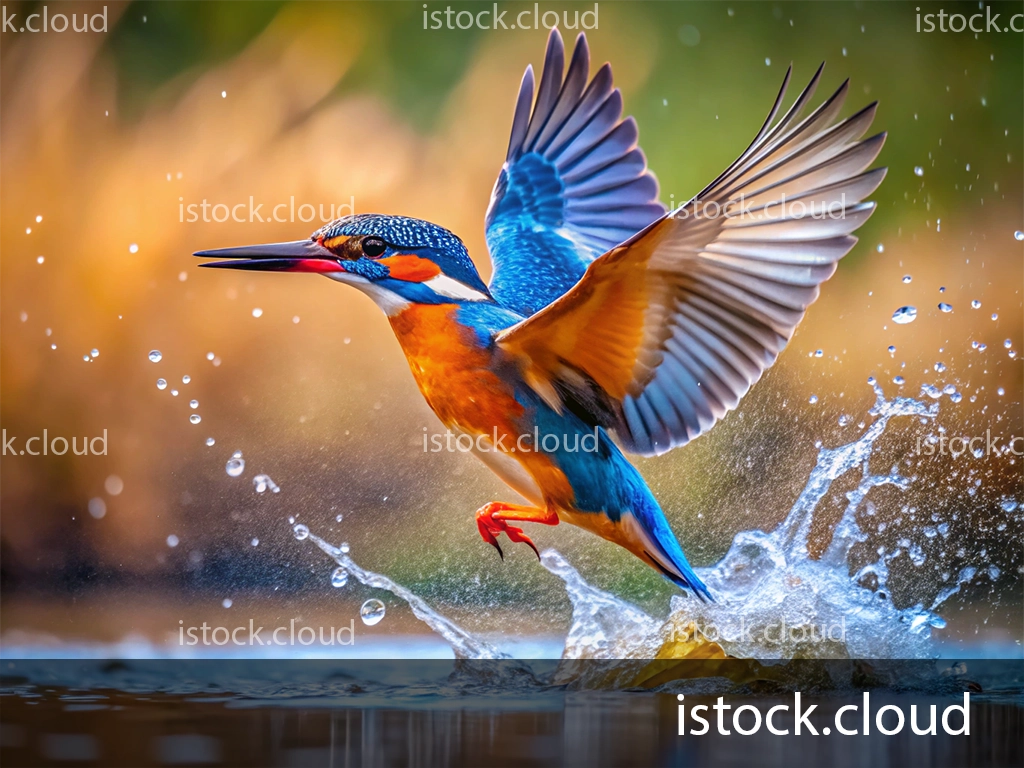 A vibrant kingfisher with blue and orange feathers takes off from the water, creating a splash of droplets. The background features soft golden hues, enhancing the bird's striking colors.