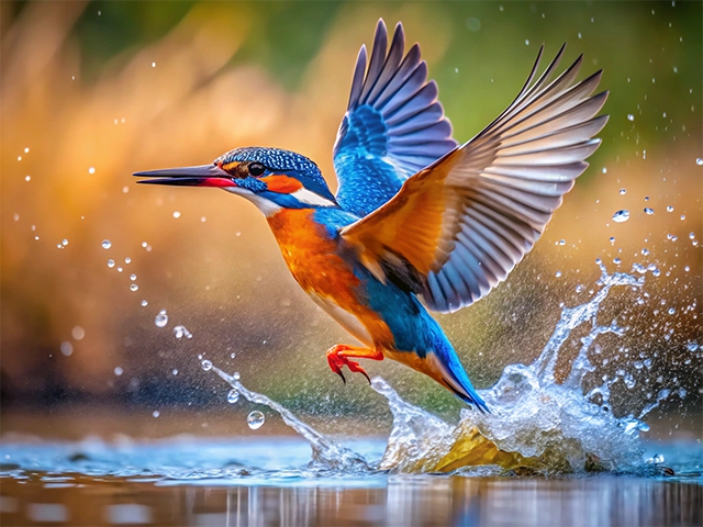 A vibrant kingfisher with blue and orange feathers takes off from the water, creating a splash of droplets. The background features soft golden hues, enhancing the bird's striking colors.