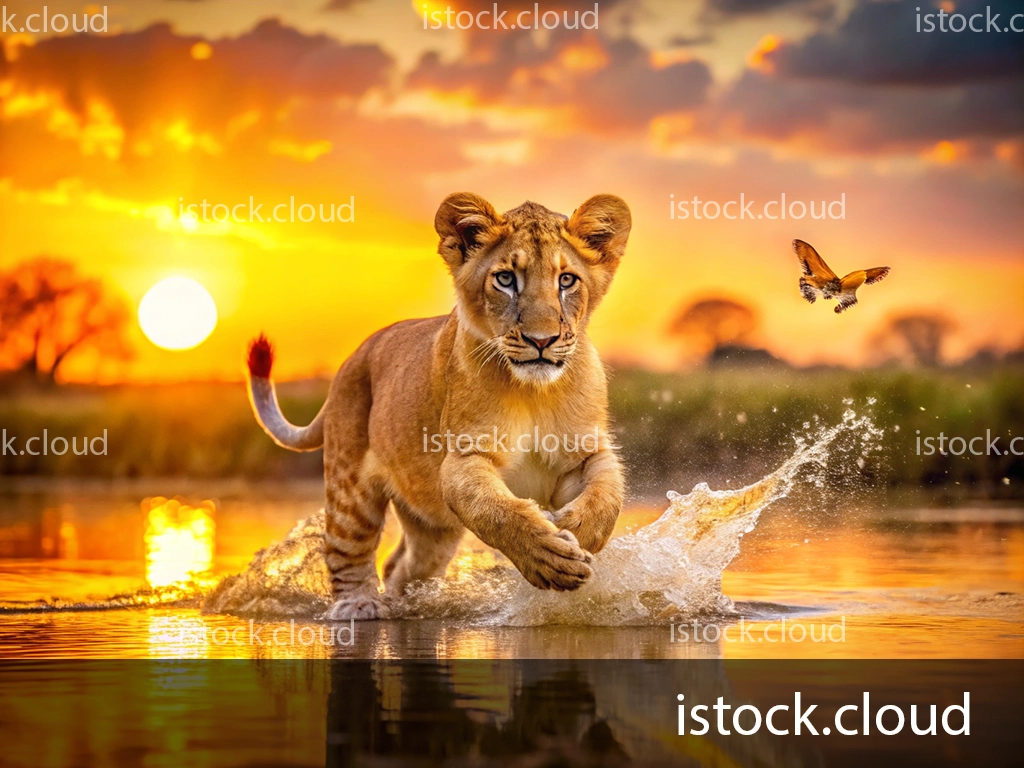 A lion cub splashing through water while a butterfly flies above, set against a vibrant sunset with orange and purple clouds.