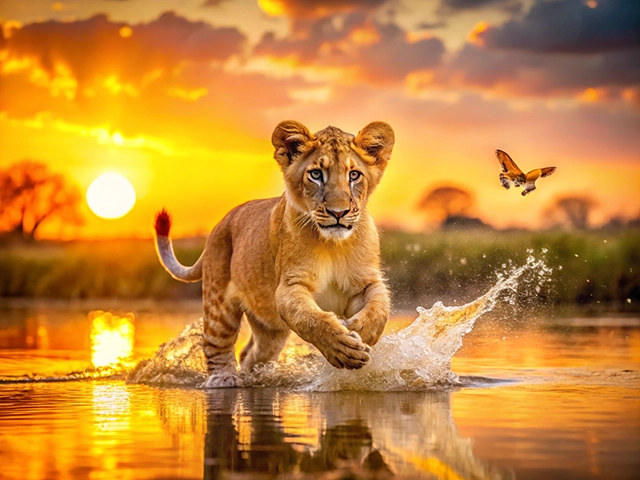 A lion cub splashing through water while a butterfly flies above, set against a vibrant sunset with orange and purple clouds.