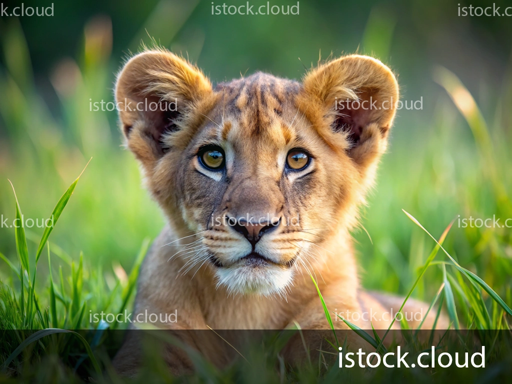 A close-up portrait of a young lion cub resting on green grass, with expressive eyes and soft fur, set against a blurred natural background.
