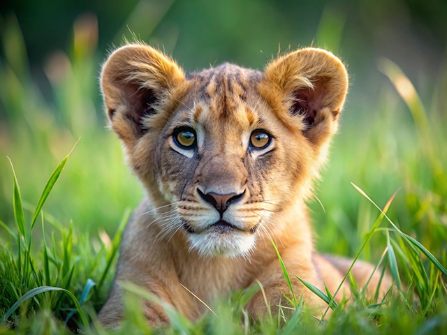 A close-up portrait of a young lion cub resting on green grass, with expressive eyes and soft fur, set against a blurred natural background.