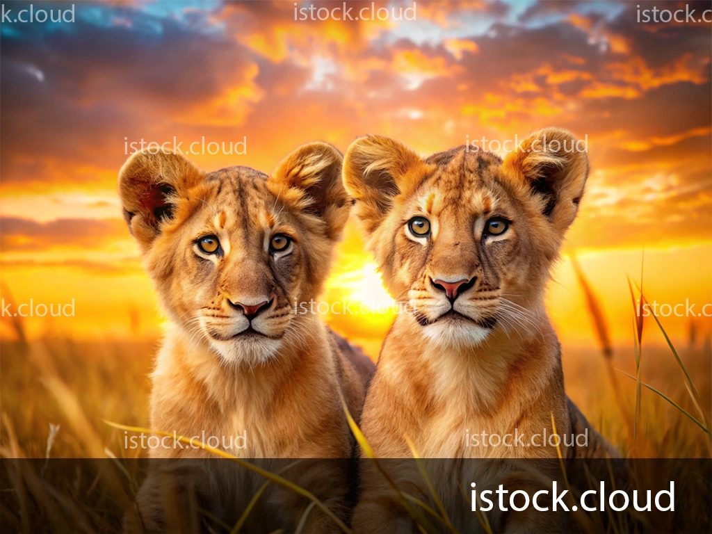 Two lion cubs sitting together in tall grass, illuminated by a vibrant sunset.