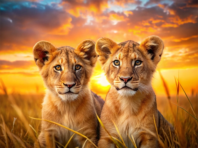 Two lion cubs sitting together in tall grass, illuminated by a vibrant sunset.