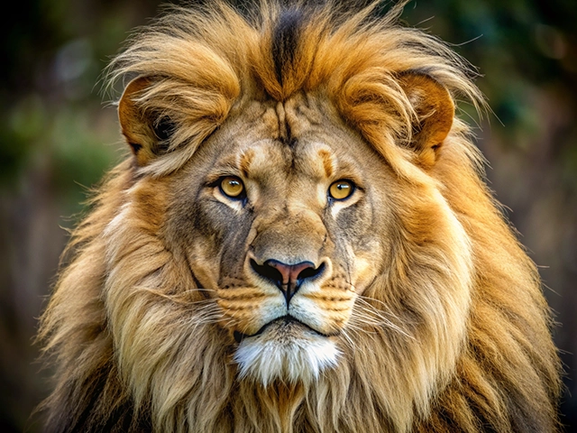 A close-up image of a regal lion's face, showcasing its magnificent golden mane, piercing amber eyes, and strong features. The background is softly blurred, highlighting the lion's intense gaze.