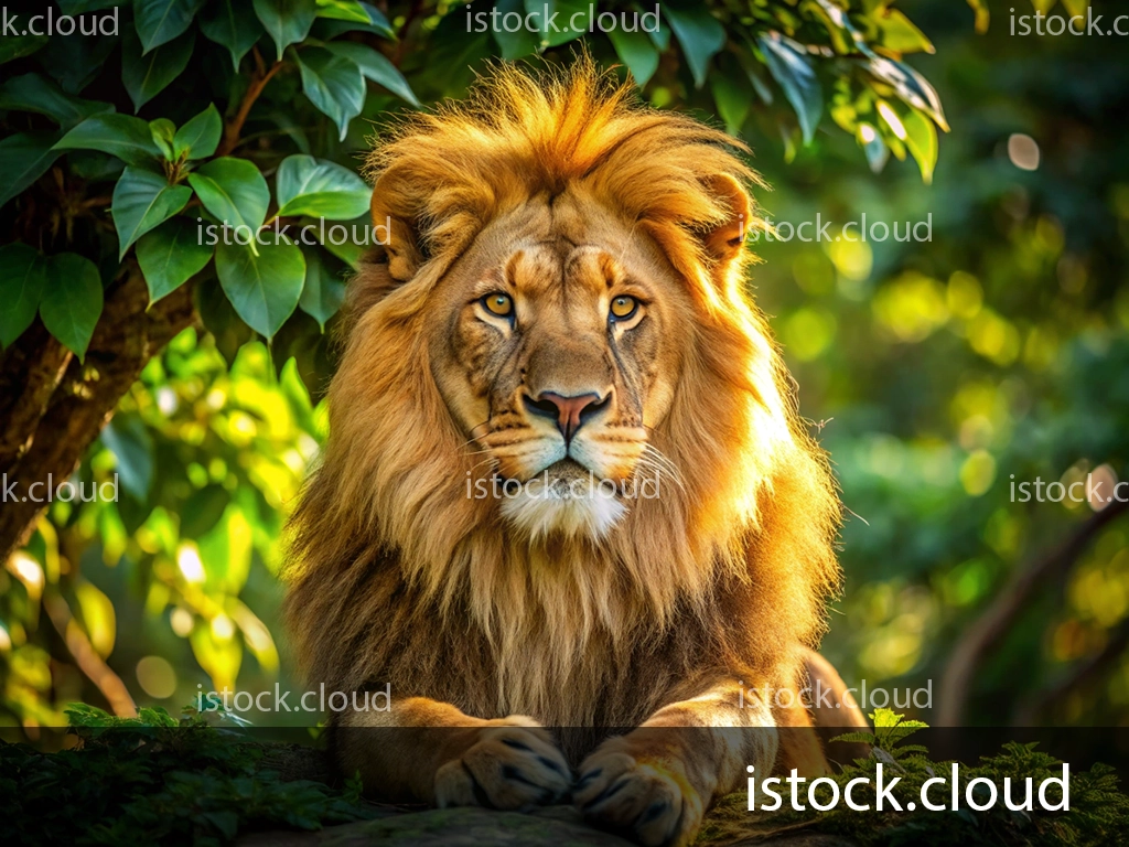 A close-up of a regal lion with a flowing mane, lying on a rock surrounded by vibrant green leaves, with a soft golden light illuminating its features.
