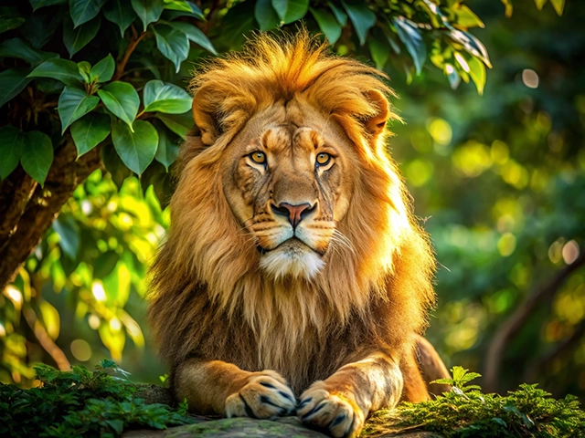 A close-up of a regal lion with a flowing mane, lying on a rock surrounded by vibrant green leaves, with a soft golden light illuminating its features.