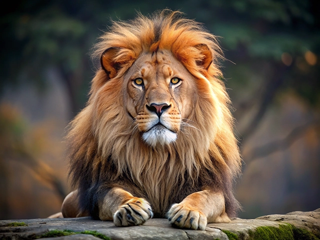 A close-up portrait of a lion resting on a rock, showcasing its thick mane and piercing eyes against a blurred natural background.