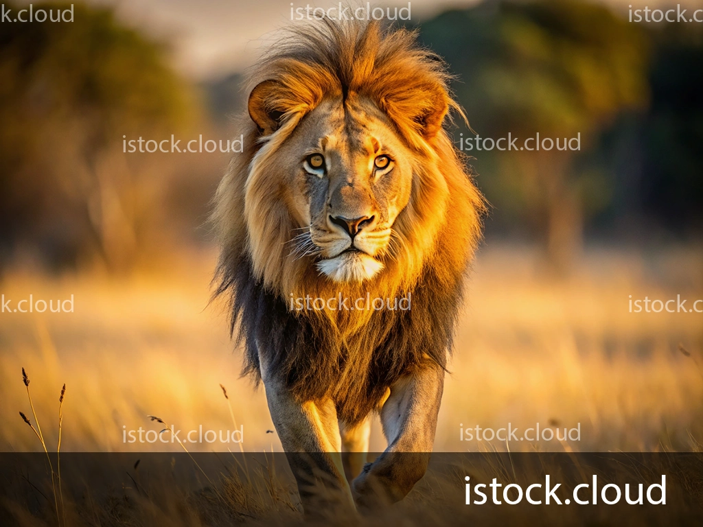 A close-up of a majestic lion walking through golden grass, with a vibrant mane illuminated by sunlight, set against a blurred natural background.