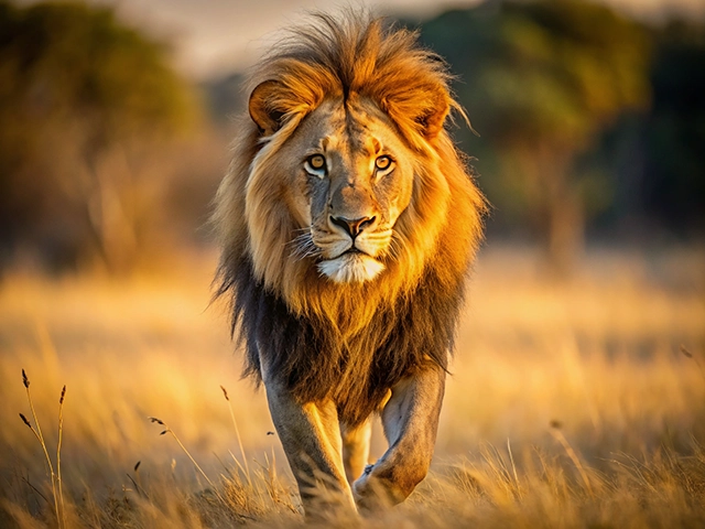 A close-up of a majestic lion walking through golden grass, with a vibrant mane illuminated by sunlight, set against a blurred natural background.