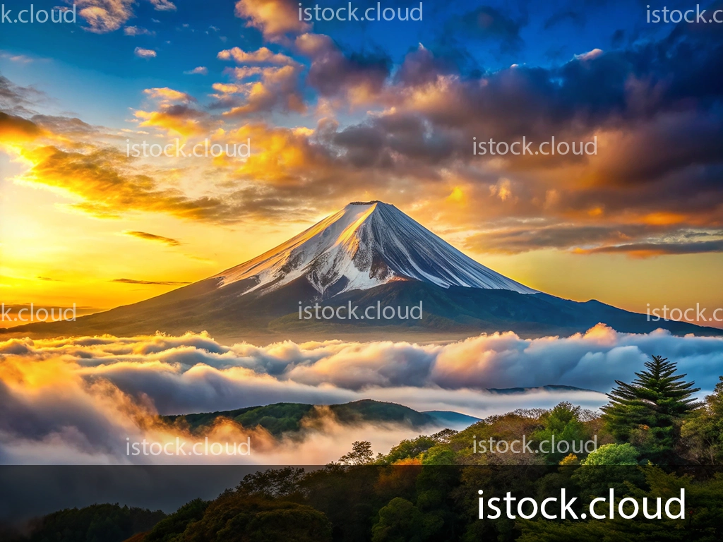 A breathtaking view of Mount Fuji, partially covered in snow, rising above a blanket of clouds at sunrise. The sky is painted with vibrant oranges, yellows, and blues, while the foreground features lush green trees.
