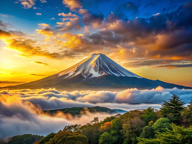 A breathtaking view of Mount Fuji, partially covered in snow, rising above a blanket of clouds at sunrise. The sky is painted with vibrant oranges, yellows, and blues, while the foreground features lush green trees.