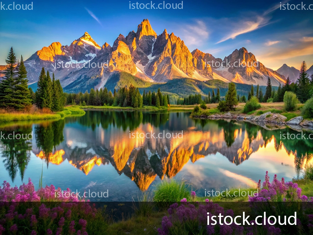 A serene landscape featuring towering mountains reflected in a calm lake, surrounded by lush trees and vibrant purple flowers in the foreground.