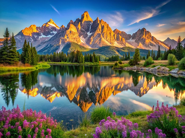 A serene landscape featuring towering mountains reflected in a calm lake, surrounded by lush trees and vibrant purple flowers in the foreground.