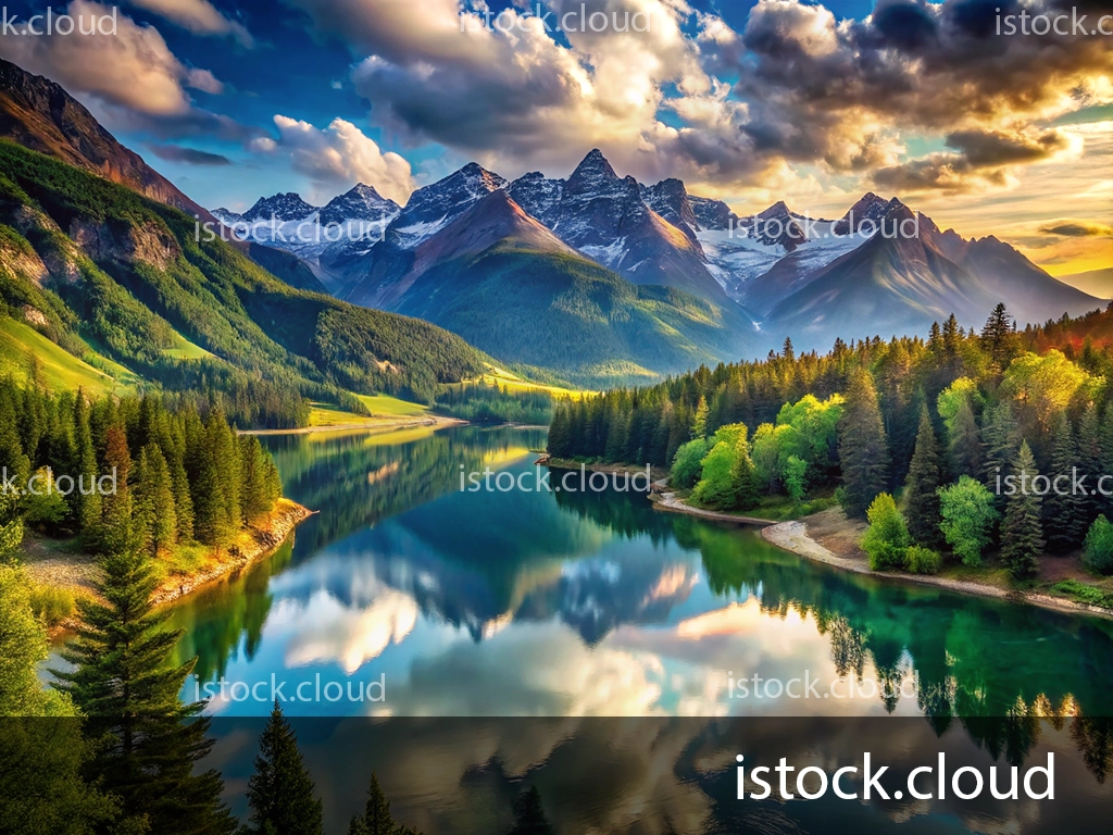 A breathtaking view of a tranquil lake reflecting towering mountains under a vibrant sky. Lush green forests surround the water, creating a picturesque natural scene.