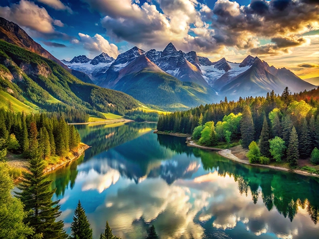 A breathtaking view of a tranquil lake reflecting towering mountains under a vibrant sky. Lush green forests surround the water, creating a picturesque natural scene.