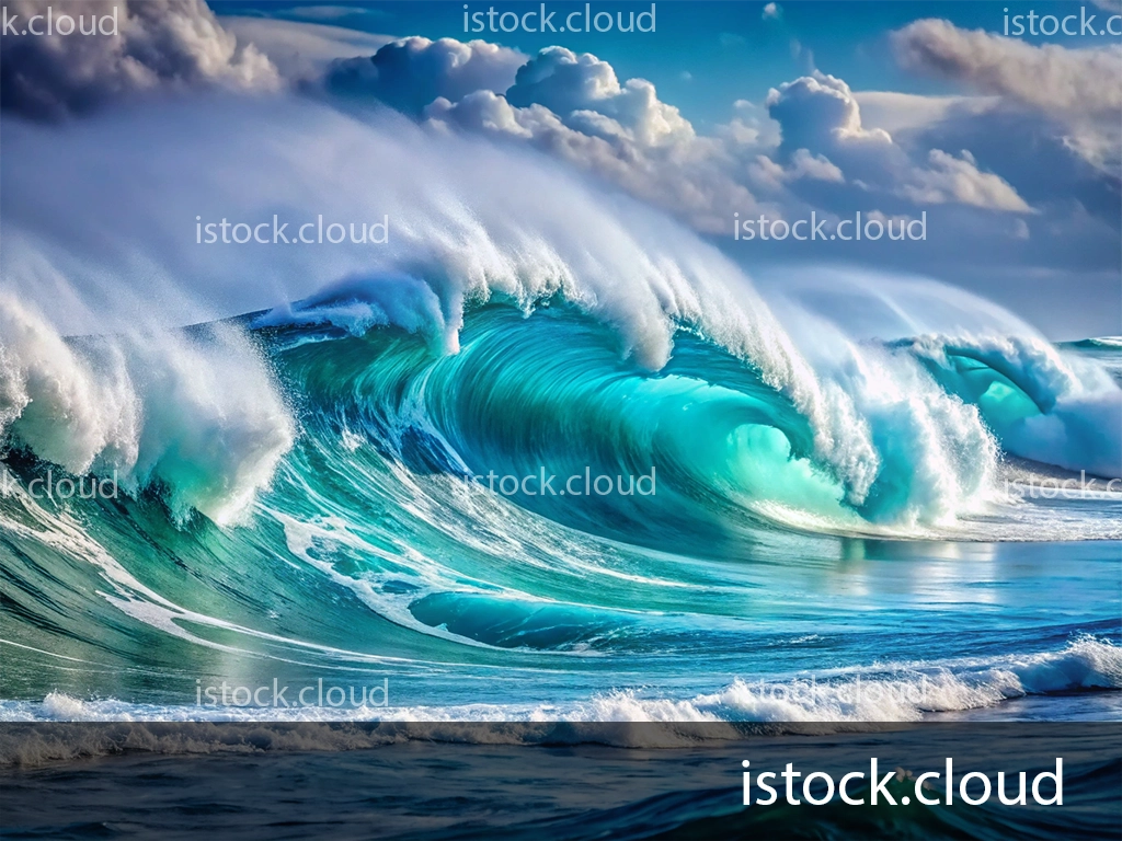 Close-up view of vibrant turquoise ocean waves crashing against the shore under a cloudy sky.