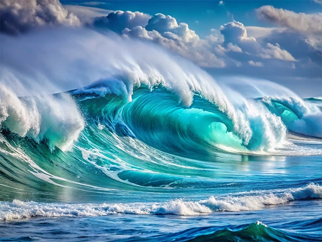 Close-up view of vibrant turquoise ocean waves crashing against the shore under a cloudy sky.