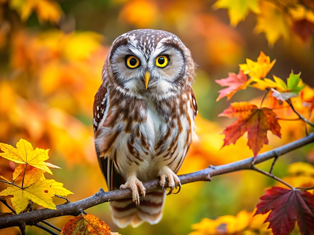 A close-up of a small owl perched on a branch surrounded by vibrant autumn leaves in shades of orange and yellow. The owl has striking yellow eyes and detailed brown and white feathers, creating a beautiful contrast with the fall colors.