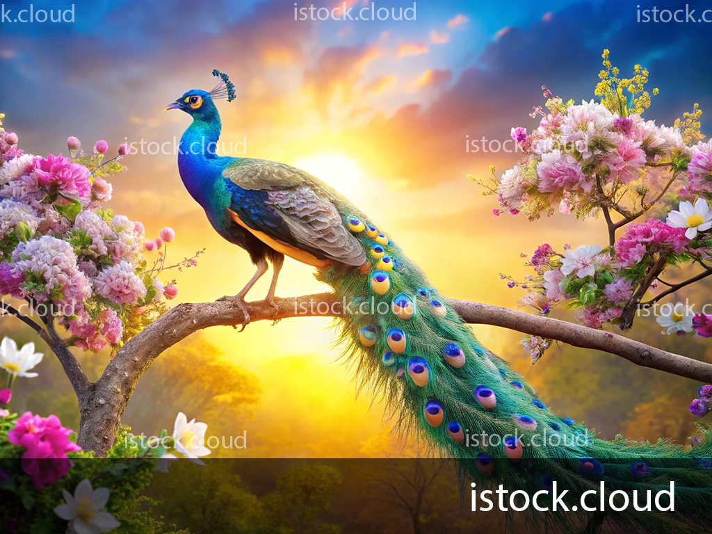 A vibrant peacock perched on a branch, surrounded by colorful blossoms during a sunrise. The peacock's iridescent feathers shimmer in hues of blue and green, showcasing its long, decorated tail against a backdrop of a golden sky.