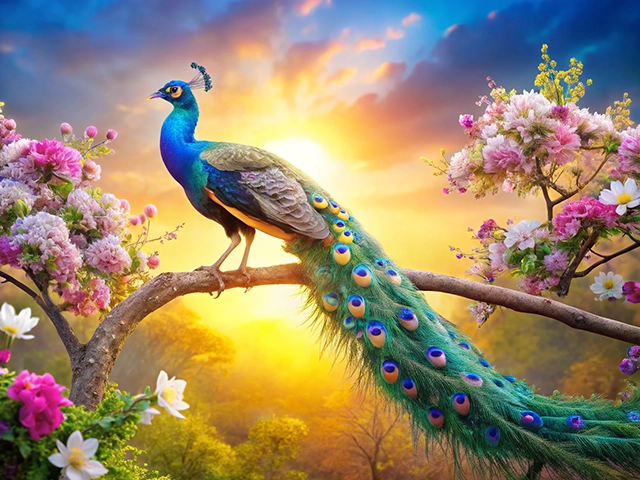 A vibrant peacock perched on a branch, surrounded by colorful blossoms during a sunrise. The peacock's iridescent feathers shimmer in hues of blue and green, showcasing its long, decorated tail against a backdrop of a golden sky.