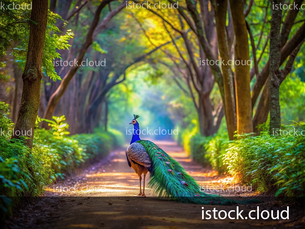A stunning peacock stands proudly on a dirt path surrounded by lush greenery and trees, with sunlight filtering through the branches.