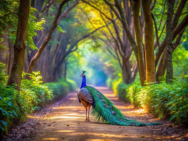 A stunning peacock stands proudly on a dirt path surrounded by lush greenery and trees, with sunlight filtering through the branches.