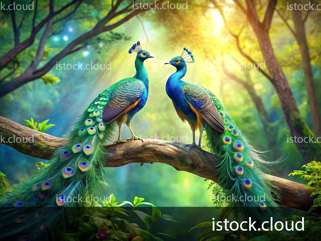 Two colorful peacocks perched on a branch in a lush forest, surrounded by greenery and dappled sunlight filtering through the trees. Their iridescent feathers display vivid shades of blue and green.