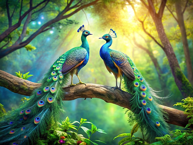Two colorful peacocks perched on a branch in a lush forest, surrounded by greenery and dappled sunlight filtering through the trees. Their iridescent feathers display vivid shades of blue and green.