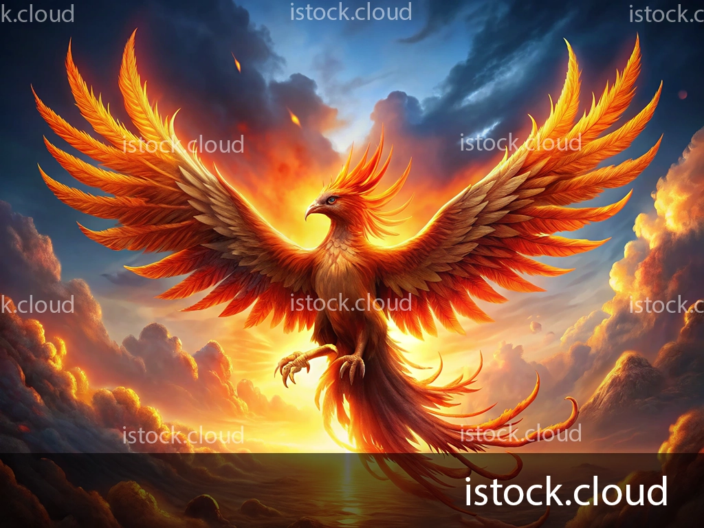 A vibrant phoenix with fiery orange and red feathers spreads its wings against a dramatic sky at sunrise. The background features clouds and the reflection of the sun on water.