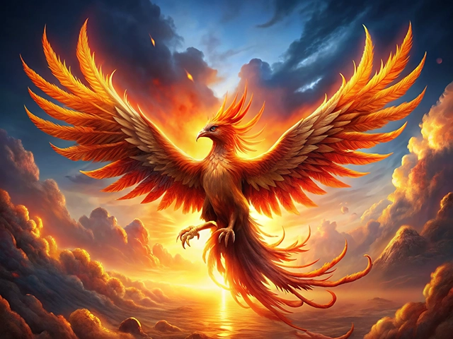 A vibrant phoenix with fiery orange and red feathers spreads its wings against a dramatic sky at sunrise. The background features clouds and the reflection of the sun on water.