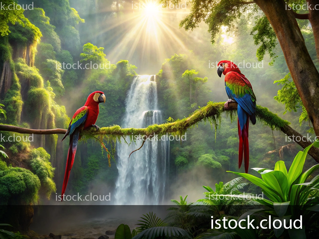 Two vibrant scarlet macaws perched on a moss-covered branch overlooking a lush jungle with a waterfall, illuminated by soft sunlight streaming through the trees.