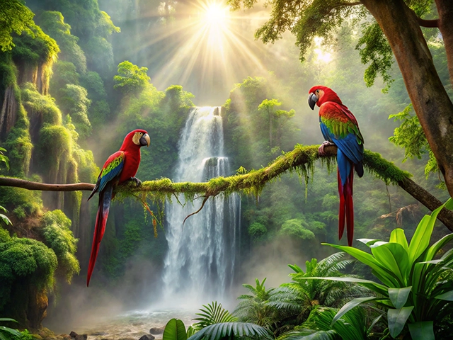 Two vibrant scarlet macaws perched on a moss-covered branch overlooking a lush jungle with a waterfall, illuminated by soft sunlight streaming through the trees.