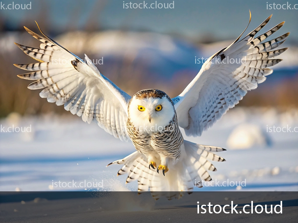 A snowy owl with striking yellow eyes and white feathers flies gracefully over a snowy landscape, showcasing its expansive wings.