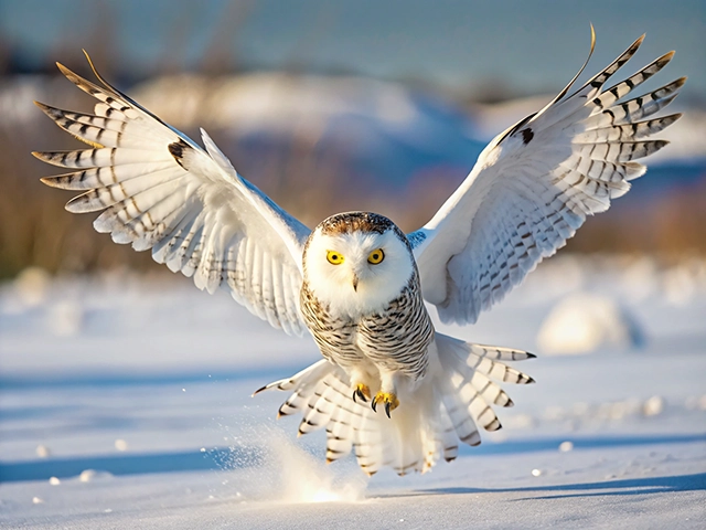 A snowy owl with striking yellow eyes and white feathers flies gracefully over a snowy landscape, showcasing its expansive wings.