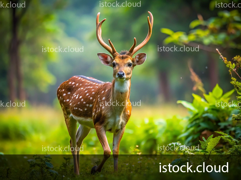A close-up of a spotted deer with antlers walking gracefully through a vibrant green forest, surrounded by foliage.