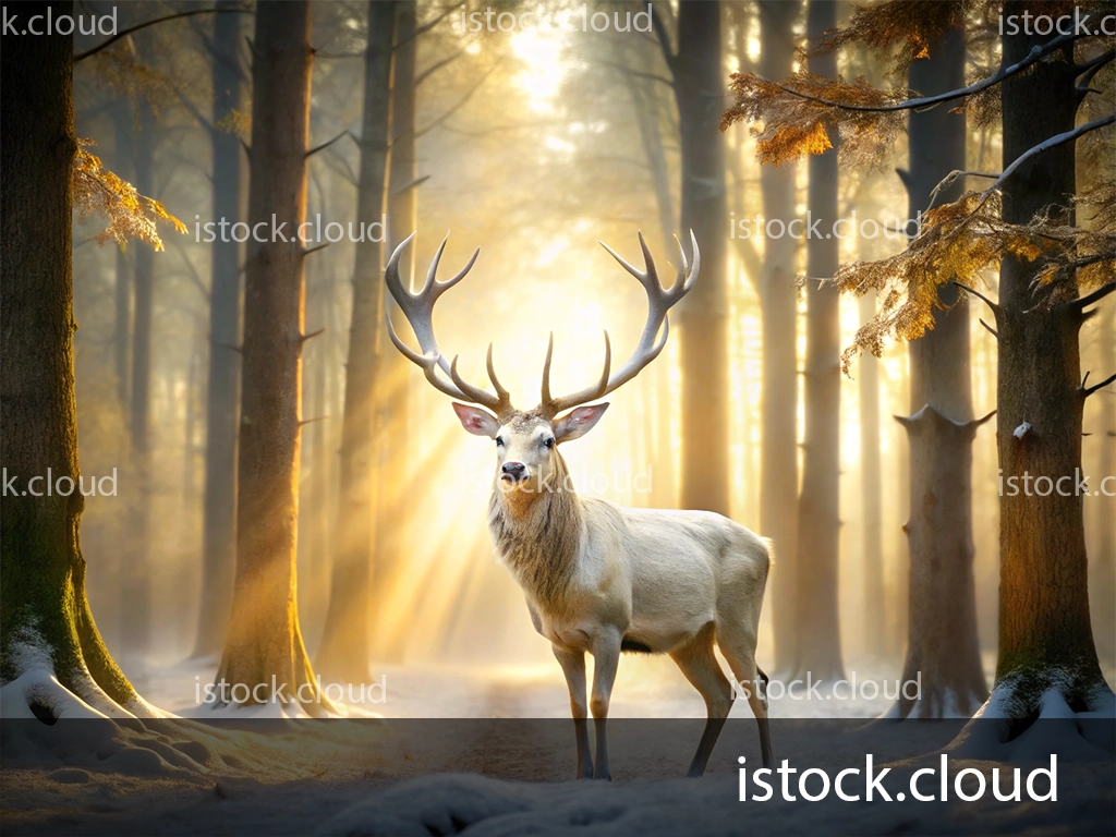 A white stag deer stands elegantly in a sunlit forest, surrounded by tall trees. Soft light filters through the mist, illuminating the snowy ground.