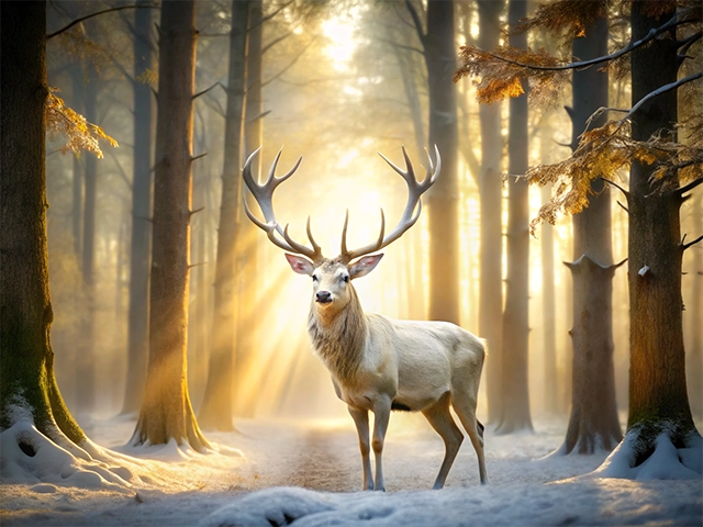 A white stag deer stands elegantly in a sunlit forest, surrounded by tall trees. Soft light filters through the mist, illuminating the snowy ground.