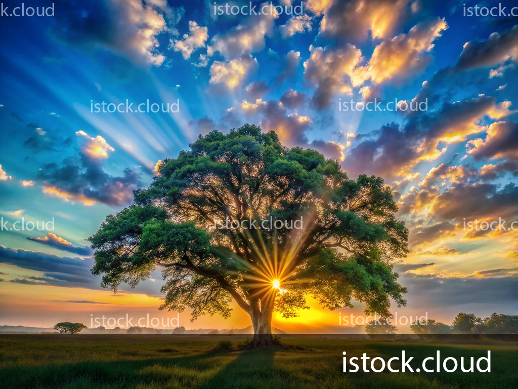 A large tree with sun rays shining through its branches during a vibrant sunset. The sky is filled with clouds reflecting shades of blue, orange, and yellow.