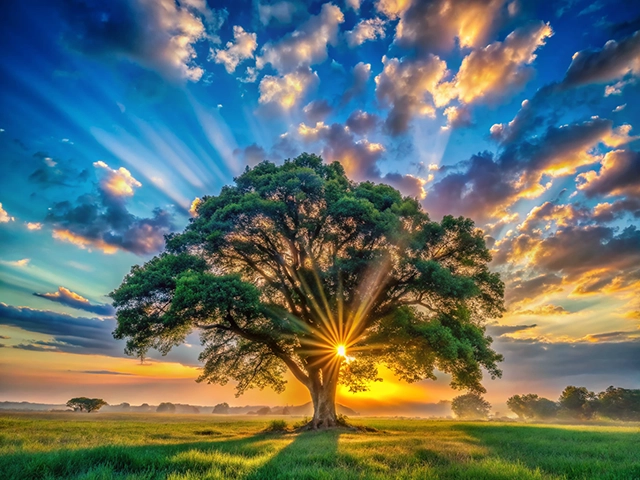 A large tree with sun rays shining through its branches during a vibrant sunset. The sky is filled with clouds reflecting shades of blue, orange, and yellow.
