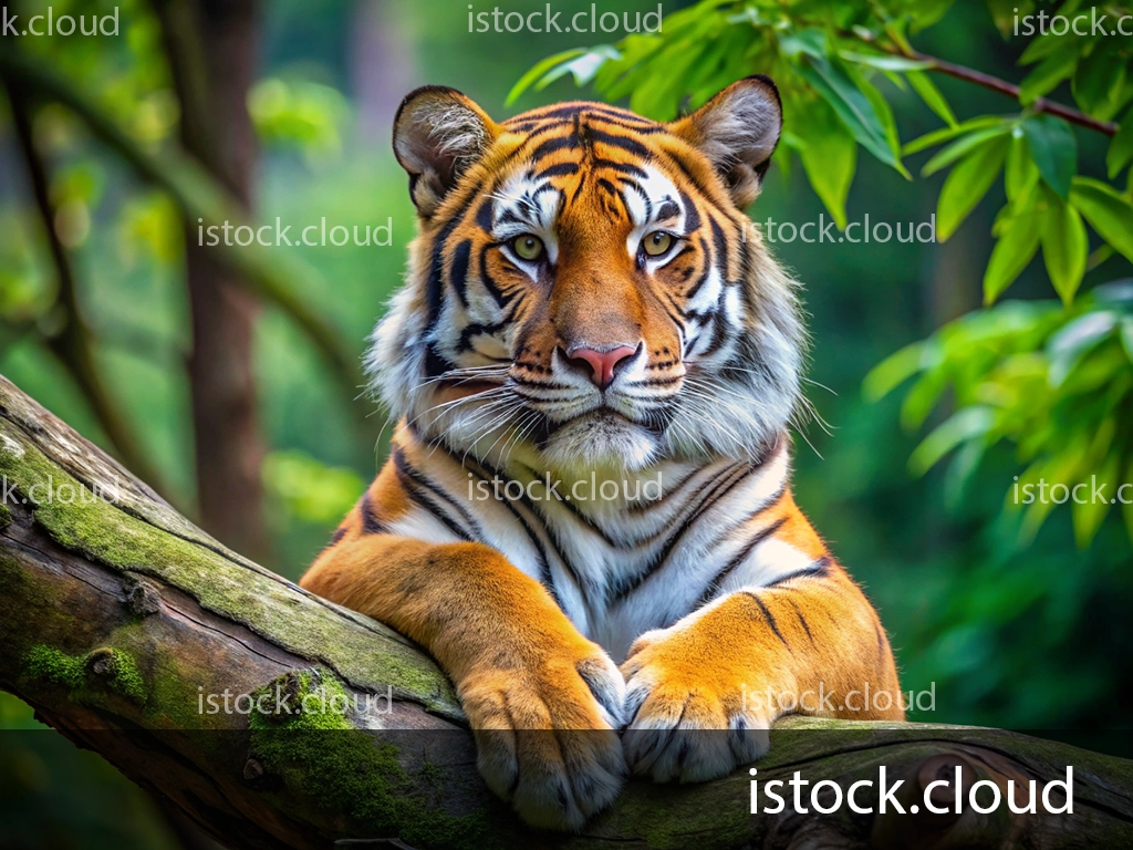 A close-up of a tiger resting on a moss-covered log, showcasing its striking orange and black stripes against a lush green backdrop.
