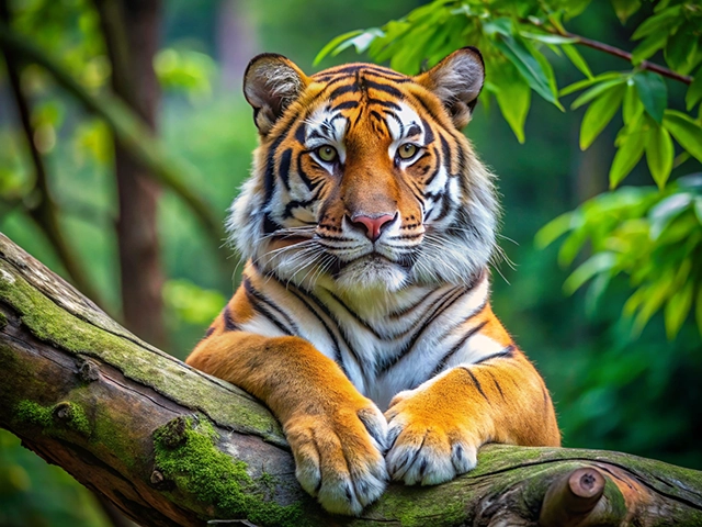A close-up of a tiger resting on a moss-covered log, showcasing its striking orange and black stripes against a lush green backdrop.